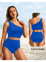 Sunnylia - One Shoulder High Waisted Bikini Sets Two Piece Swimsuit Tummy Control-Black