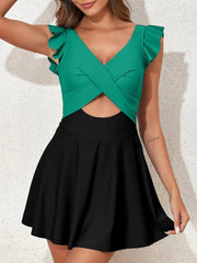 Sunnylia - Women's One Piece Swimsuit Ruffle Cutout Swimdress Tummy Control V Neck Wrap Swimwear