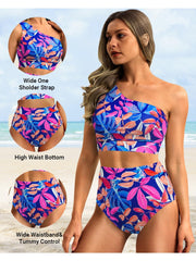 Sunnylia - One Shoulder High Waisted Bikini Sets Two Piece Swimsuit Tummy Control-Black