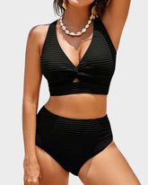 Sunnylia - Textured Knot-Front High-Waisted Bikini Set