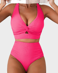 Sunnylia - Textured Knot-Front High-Waisted Bikini Set