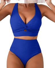 Sunnylia - Textured Knot-Front High-Waisted Bikini Set
