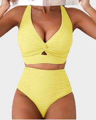 Sunnylia - Textured Knot-Front High-Waisted Bikini Set