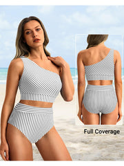 Sunnylia - One Shoulder High Waisted Bikini Sets Two Piece Swimsuit Tummy Control-Black