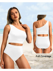 Sunnylia - One Shoulder High Waisted Bikini Sets Two Piece Swimsuit Tummy Control-Black