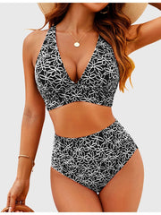 Sunnylia - Women Embroidery Print High Waisted Bikini Sets V Neck Tummy Control Bathing Suit Two Piece Curvy Swimsuits