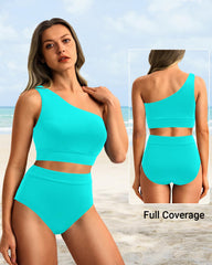 Sunnylia - One Shoulder High Waisted Bikini Sets Two Piece Swimsuit Tummy Control-Pink