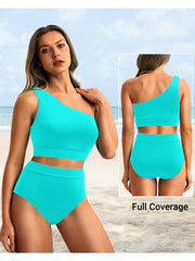Sunnylia - One Shoulder High Waisted Bikini Sets Two Piece Swimsuit Tummy Control-Black