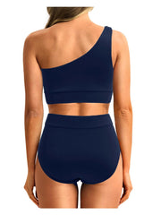 Sunnylia - One Shoulder High Waisted Bikini Sets Two Piece Swimsuit Tummy Control-Black