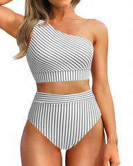 Sunnylia - One Shoulder High Waisted Bikini Sets Two Piece Swimsuit Tummy Control-Pink