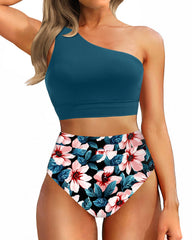Sunnylia - One Shoulder High Waisted Bikini Sets Two Piece Swimsuit Tummy Control-Pink