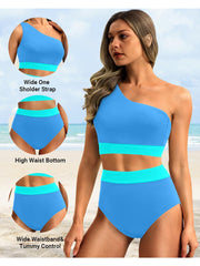Sunnylia - One Shoulder High Waisted Bikini Sets Two Piece Swimsuit Tummy Control-Black