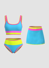 Sunnylia - Womens Color Contrast Patchwork Nylon Sporty 3 Piece Bikini Sets