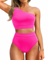 Sunnylia - One Shoulder High Waisted Bikini Sets Two Piece Swimsuit Tummy Control-Pink