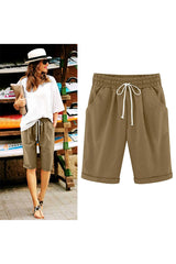 Sunnylia - Women's Elastic Waist Knee Length Casual Cotton Bermuda Shorts with Drawstring