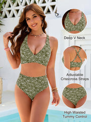 Sunnylia - Women Embroidery Print High Waisted Bikini Sets V Neck Tummy Control Bathing Suit Two Piece Curvy Swimsuits