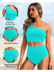 Sunnylia - One Shoulder High Waisted Bikini Sets Two Piece Swimsuit Tummy Control-Black