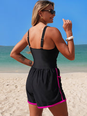 Sunnylia - Women's Colorblock Sporty Tummy Control One Piece Bathing Suit with Shorts Pockets