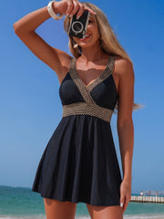 Sunnylia - Women's Black V-Neck One-Piece Swim Dress with Waist Band Detail
