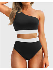 Sunnylia - One Shoulder High Waisted Bikini Sets Two Piece Swimsuit Tummy Control-Black