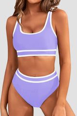 Sunnylia - Women's High Waisted Bikini Sets Sporty Two Piece Swimsuits Color Block Cheeky High Cut Bathing Suits