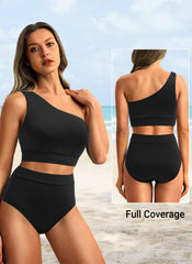 Sunnylia - One Shoulder High Waisted Bikini Sets Two Piece Swimsuit Tummy Control-Pink
