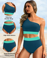 Sunnylia - One Shoulder High Waisted Bikini Sets Two Piece Swimsuit Tummy Control-Pink