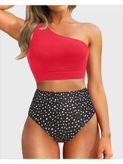 Sunnylia - One Shoulder High Waisted Bikini Sets Two Piece Swimsuit Tummy Control-Black