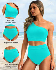 Sunnylia - One Shoulder High Waisted Bikini Sets Two Piece Swimsuit Tummy Control-Pink