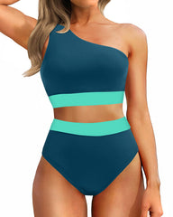 Sunnylia - One Shoulder High Waisted Bikini Sets Two Piece Swimsuit Tummy Control-Pink