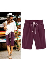 Sunnylia - Women's Elastic Waist Knee Length Casual Cotton Bermuda Shorts with Drawstring