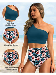 Sunnylia - One Shoulder High Waisted Bikini Sets Two Piece Swimsuit Tummy Control-Black