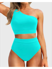 Sunnylia - One Shoulder High Waisted Bikini Sets Two Piece Swimsuit Tummy Control-Black
