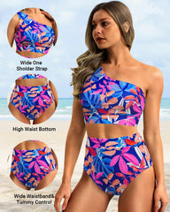 Sunnylia - One Shoulder High Waisted Bikini Sets Two Piece Swimsuit Tummy Control-Pink