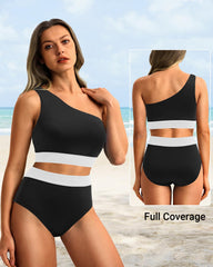 Sunnylia - One Shoulder High Waisted Bikini Sets Two Piece Swimsuit Tummy Control-Pink