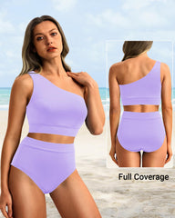 Sunnylia - One Shoulder High Waisted Bikini Sets Two Piece Swimsuit Tummy Control-Pink