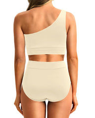 Sunnylia - One Shoulder High Waisted Bikini Sets Two Piece Swimsuit Tummy Control-Pink