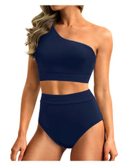 Sunnylia - One Shoulder High Waisted Bikini Sets Two Piece Swimsuit Tummy Control-Black