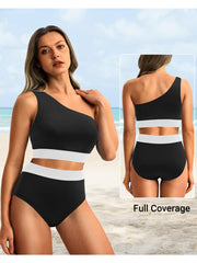 Sunnylia - One Shoulder High Waisted Bikini Sets Two Piece Swimsuit Tummy Control-Black