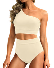 Sunnylia - One Shoulder High Waisted Bikini Sets Two Piece Swimsuit Tummy Control-Pink