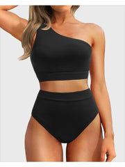 Sunnylia - One Shoulder High Waisted Bikini Sets Two Piece Swimsuit Tummy Control-Black