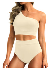 Sunnylia - One Shoulder High Waisted Bikini Sets Two Piece Swimsuit Tummy Control-Black