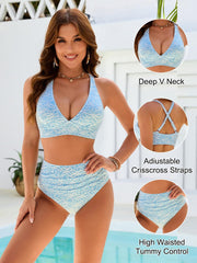 Sunnylia - Women Embroidery Print High Waisted Bikini Sets V Neck Tummy Control Bathing Suit Two Piece Curvy Swimsuits