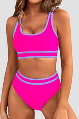 Sunnylia - Women's High Waisted Bikini Sets Sporty Two Piece Swimsuits Color Block Cheeky High Cut Bathing Suits