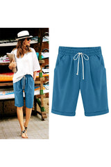 Sunnylia - Women's Elastic Waist Knee Length Casual Cotton Bermuda Shorts with Drawstring
