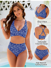 Sunnylia - Women Embroidery Print High Waisted Bikini Sets V Neck Tummy Control Bathing Suit Two Piece Curvy Swimsuits