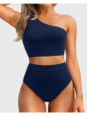 Sunnylia - One Shoulder High Waisted Bikini Sets Two Piece Swimsuit Tummy Control-Black