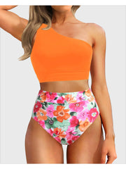 Sunnylia - One Shoulder High Waisted Bikini Sets Two Piece Swimsuit Tummy Control-Black