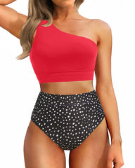Sunnylia - One Shoulder High Waisted Bikini Sets Two Piece Swimsuit Tummy Control-Pink
