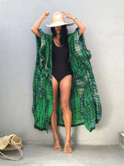 Sunnylia - Green Hooded Printed Beach Vacation Swimsuit Cover Up